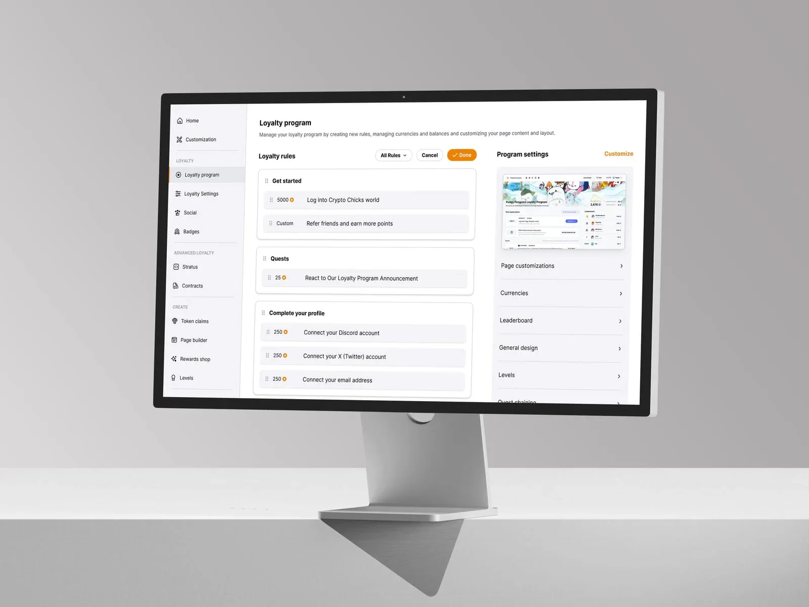 Snag Solutions loyalty program dashboard shown on a desktop monitor